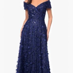 Xscape Navy Blue Off-Shoulder Maxi Dress